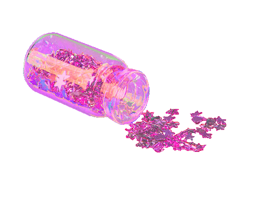 ID: An animated sparkling GIF of a small bottle with purple toy stars spilling out of it.